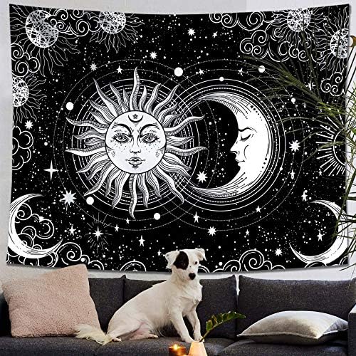 Accnıcc Güneş ve Ay Goblen Duvar Asılı, Siyah ve Beyaz Yıldız Goblen, yanan Güneş Yıldız ile Çiçek Mistik Estetik duvar halısı