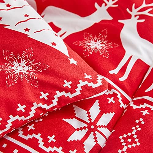 Uozzı Yatak Noel Kırmızı Yorgan Seti Kraliçe Boyutu ile Kırmızı Beyaz Kar Tanesi ve Geyikler Noel Ağaçları Tatil Tarzı Geri Dönüşümlü