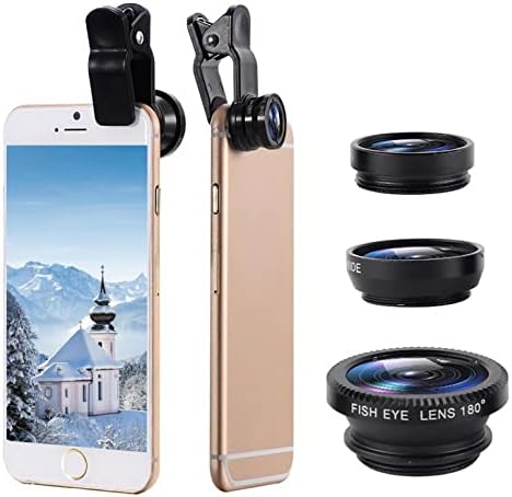 FAFAN Telefon Kamera,3 in 1 Klip 180 °Balık Gözü Lens + 0.67 X Geniş Açı + 10X Makro Lens Cep Telefonu Makro Lens Anamorfik Lens