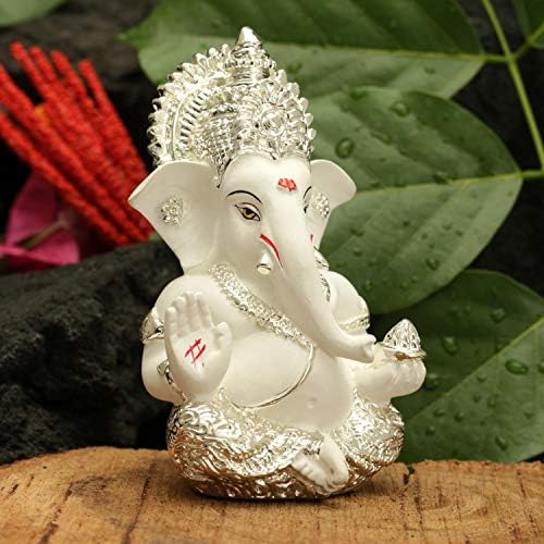 CraftVatika Gümüş Kaplama Lord Ganesha Araba Dashboard Heykeli Ganpati Heykelcik Şans ve Başarı Tanrısı Ev Dekor Hediyeler (Boyut: