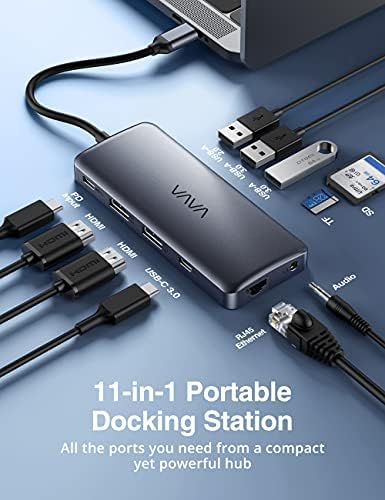 VAVA USB C Hub, 11-in-1 Yerleştirme İstasyonu ile Çift 4 K HDMI, 4 USB Bağlantı Noktaları, 100 W PD Şarj, RJ45 Ethernet, SD /