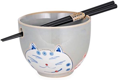 Sevimli Kitty Kedi Japon Ramen Udon Şehriye Kase Çubuklarını Hediye Seti ile 5 İnç Çap (Gri)