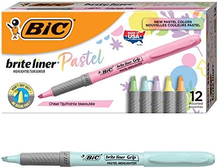 BIC Brite Liner Grip Pastel Vurgulayıcılar, Çeşitli Mürekkep Renkleri, 12 Çeşitli Pastel Vurgulayıcıdan oluşan Keski Ucu Kutusu