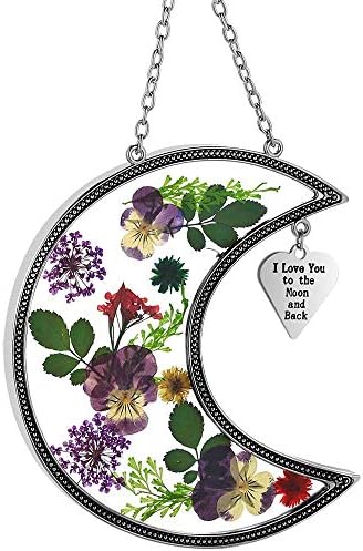 Seni Seviyorum Ay ve Geri Suncatcher ile Gerçek Preslenmiş Çiçekler Cam ve Gümüş Metal Kalp Şeklinde Charm - Sevdikleriniz için