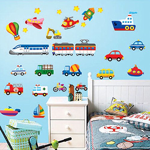 Wallpark Karikatür Ulaşım-Araba Tren Uçak Tekne-Çıkarılabilir Duvar Sticker Çıkartması, Çocuk Çocuk Bebek Ev Odası Kreş DIY Dekoratif
