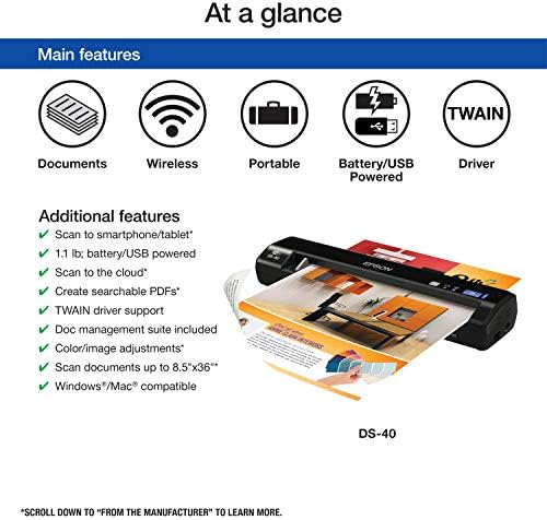 PC ve Mac için Epson WorkForce DS-40 Kablosuz Taşınabilir Belge Tarayıcı, Sayfa beslemeli, Mobil / Taşınabilir, Siyah