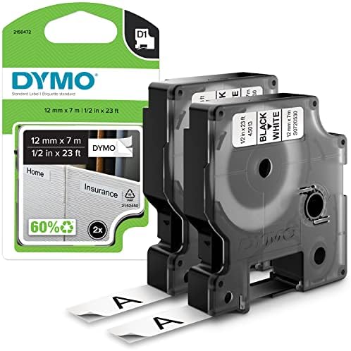 DYMO D1 LabelManager Etiket Makineleri için Etiketler, Beyaz üzerine Siyah Baskı, 1/2-İnç x 23-Ayak Ruloları, Kendinden Yapışkanlı,