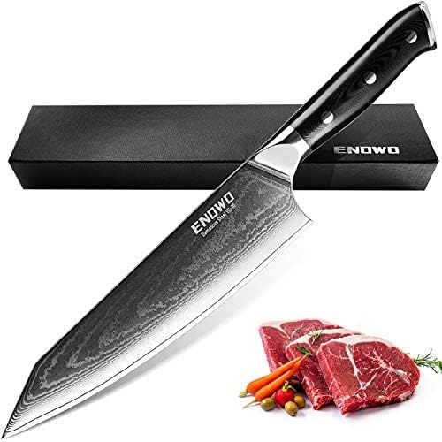 Premium G10 Saplı ve Üçlü Perçinli enowo Şam Şef Bıçağı 8 İnç, Jilet gibi Keskin Mutfak Bıçağı Japon VG-10 Paslanmaz Çelik, Hediye