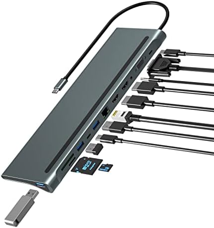USB C Yerleştirme İstasyonu, 12'si 1 arada USB C Hub, Üçlü Monitör Tipi C-2 HDMI + VGA Adaptörü, Dizüstü Bilgisayar Yerleştirme